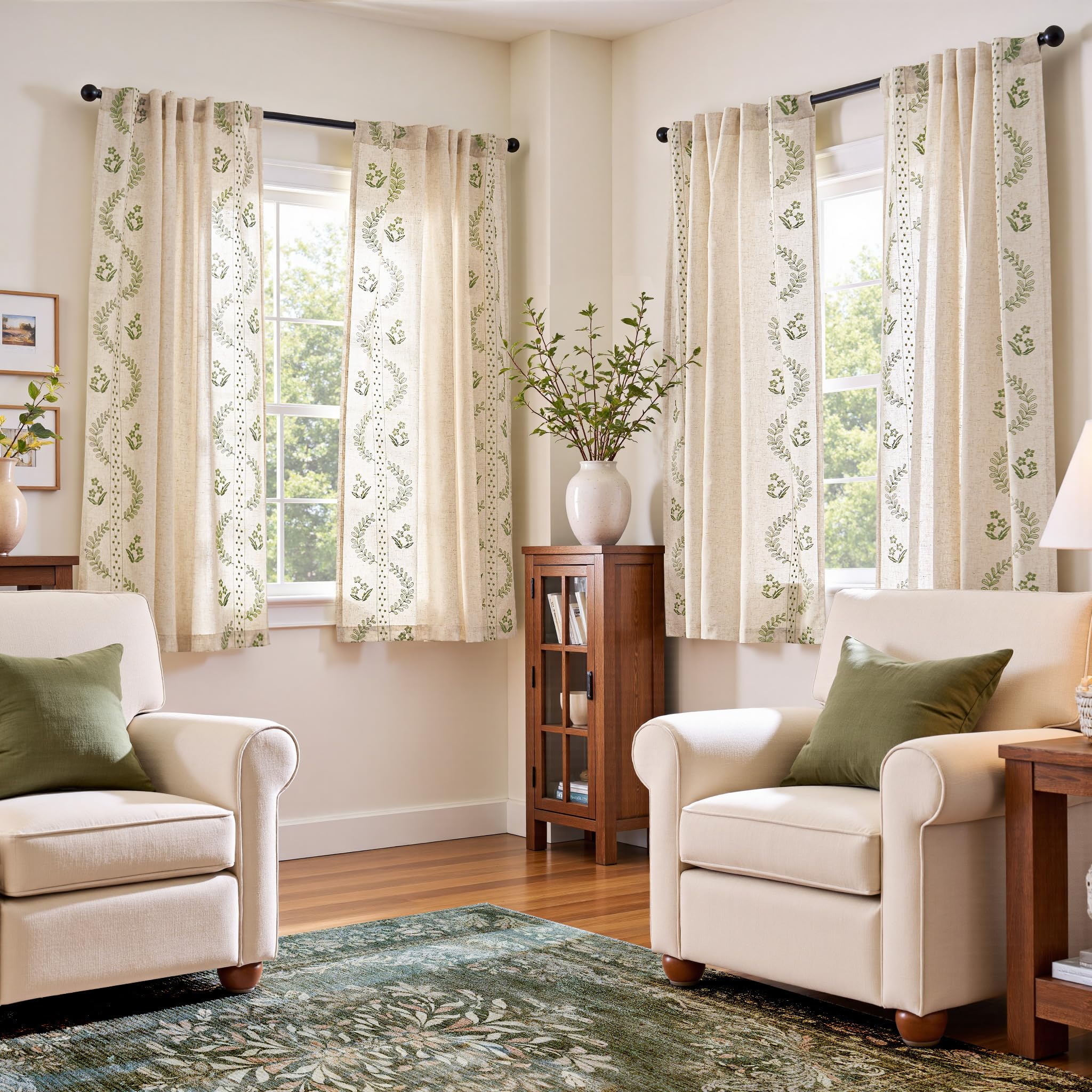jinchan Floral Linen Curtains 84 Inch Farmhouse Back Tab 2 Panels
