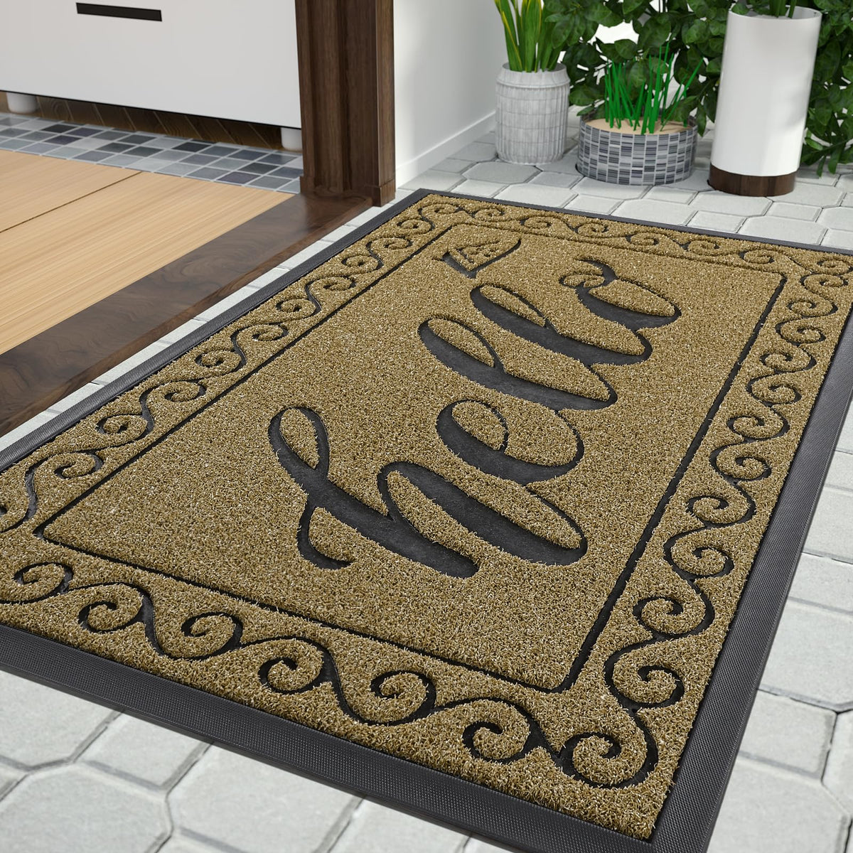 Yimobra Welcome Mat, Heavy Duty Sturdy Door Mats for Home Entrance Outdoor Indoor, Front Doormat for Outside Patio Floor Entry Porch Garage Office, Waterproof, Low Profile, 60 x 36, Black Grey