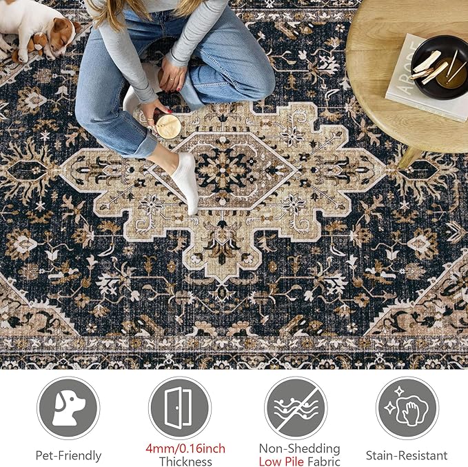 Area Rugs 9x12 Vintage Rug: Large Washable Living Room Rug Retro Medallion Distressed Soft Low Pile Non-Slip Indoor Floor Carpet for Bedroom Dining Table Office (BeigeBlack,9'x12')