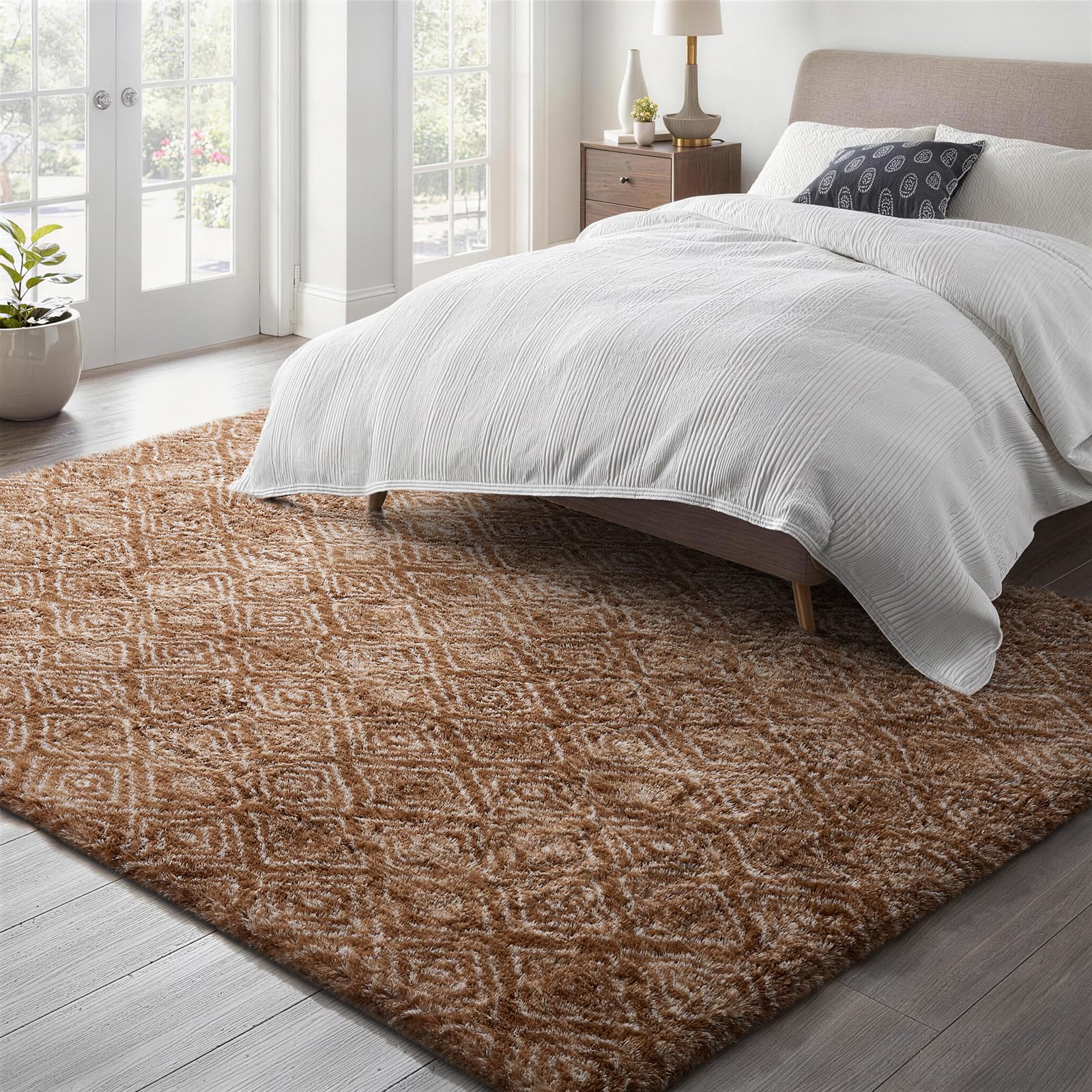 Ophanie Brown and White Diamond Striped Rugs for Living Room 5x7,Fluffy Shag Large Fuzzy Plush Soft Carpets,Shaggy Rugs for Bedroom,Carpet for Kids Boys Girls Dorm Decor with Over 99 pcs Pile fibers