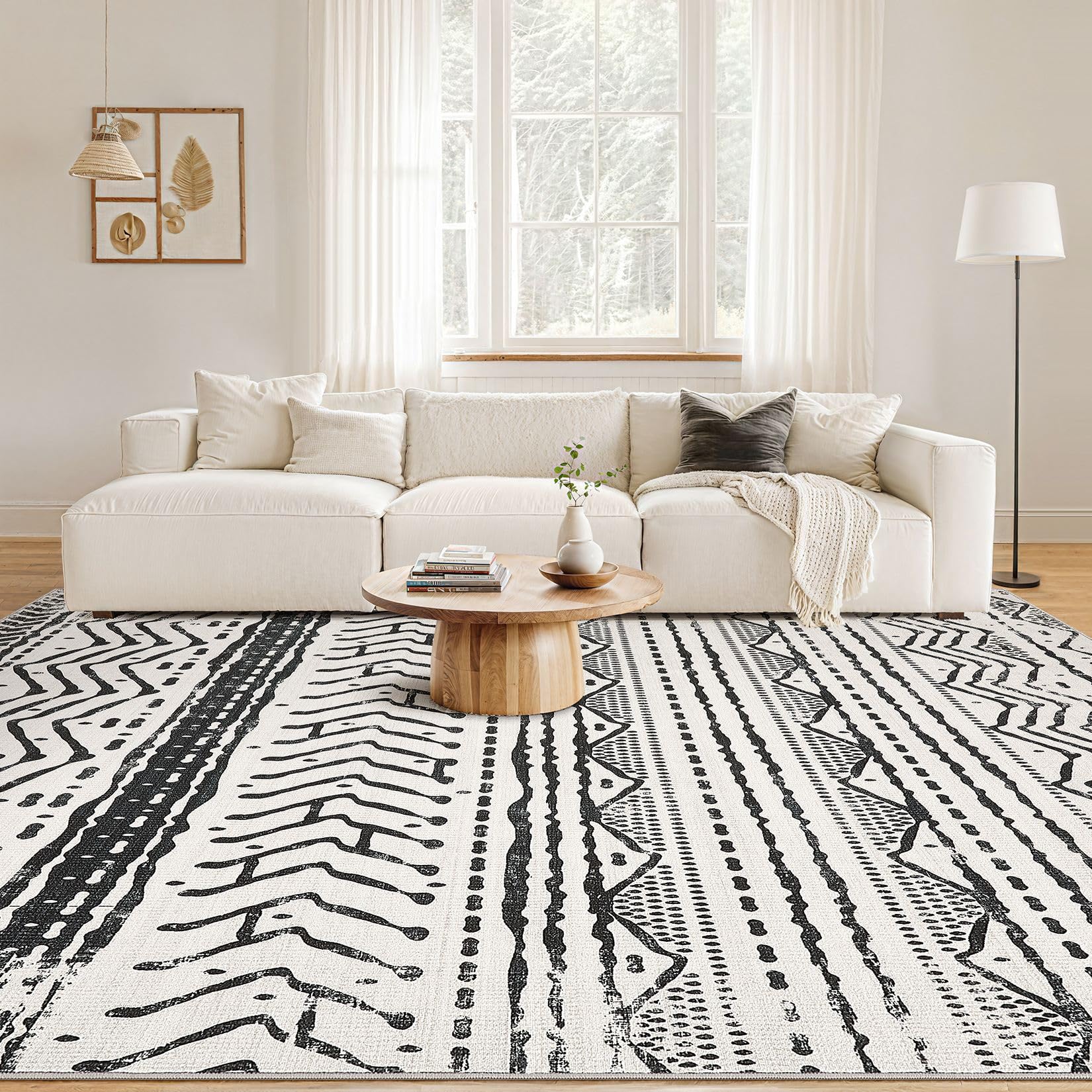 Nakagishi Black Rug Living Room Rugs: 10x14 Machine Washable Boho Large Neutral Modern Soft Moroccan Stain Resistant Indoor Floor Non Slip Accent Carpet for Bedroom Nursery Kids Playroom Office