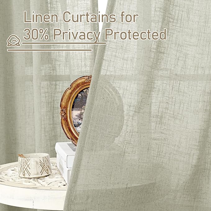 LAMIT Sage Grey Linen Curtains 90 Inch for Living Room, Semi Sheer Panels