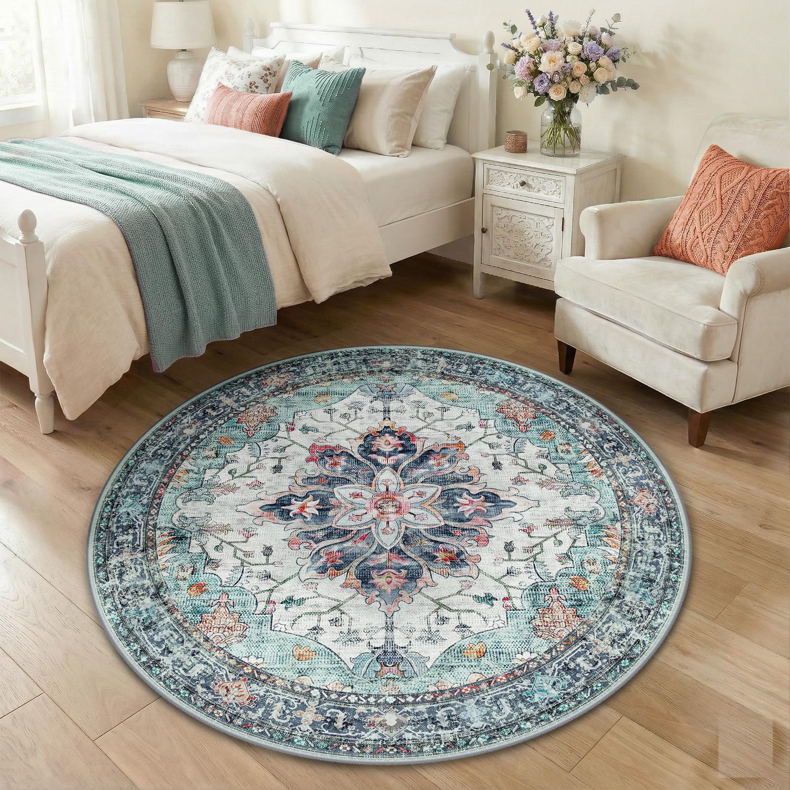 RELEANY Washable Area Rug, Round 4ft, Teal Green/White/Navy