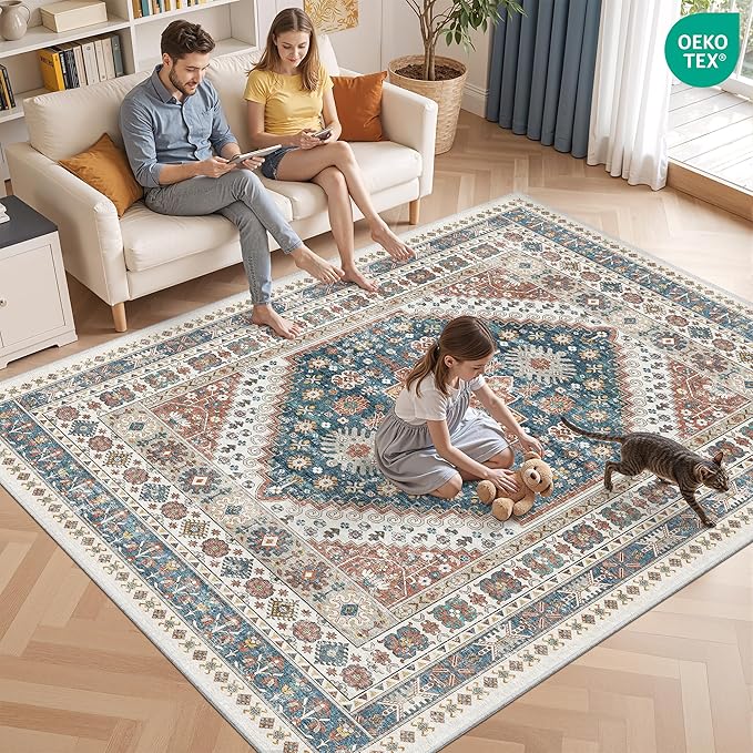 Restydon 3x5 Washable Area Rug for Entryway Non Slip Kitchen Rugs, Blue/Red