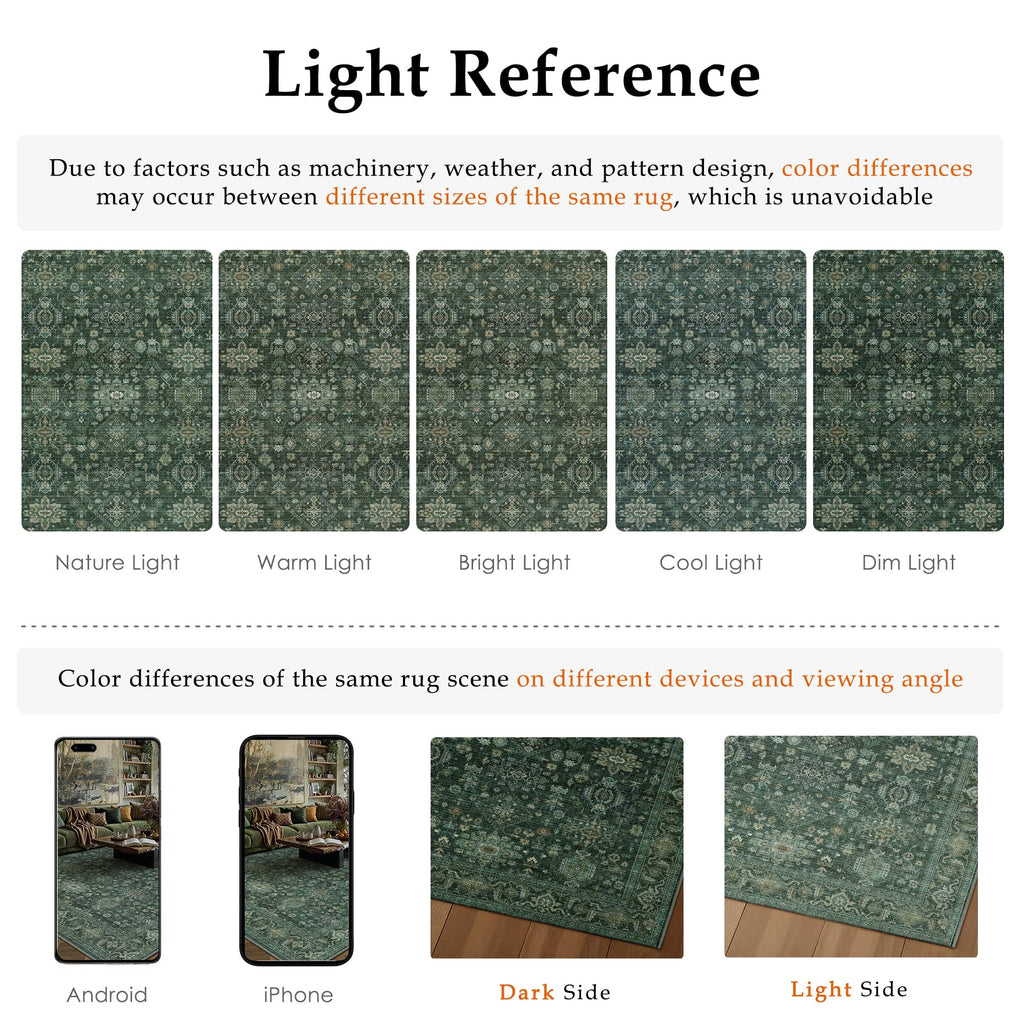 WondRg 6x9 Washable Area Rug for Living Room Bedroom Vintage Green Carpet Soft Low Pile Traditional Retro Non Slip Throw Rug for Dining Room Entryway Indoor Dorm Kitchen