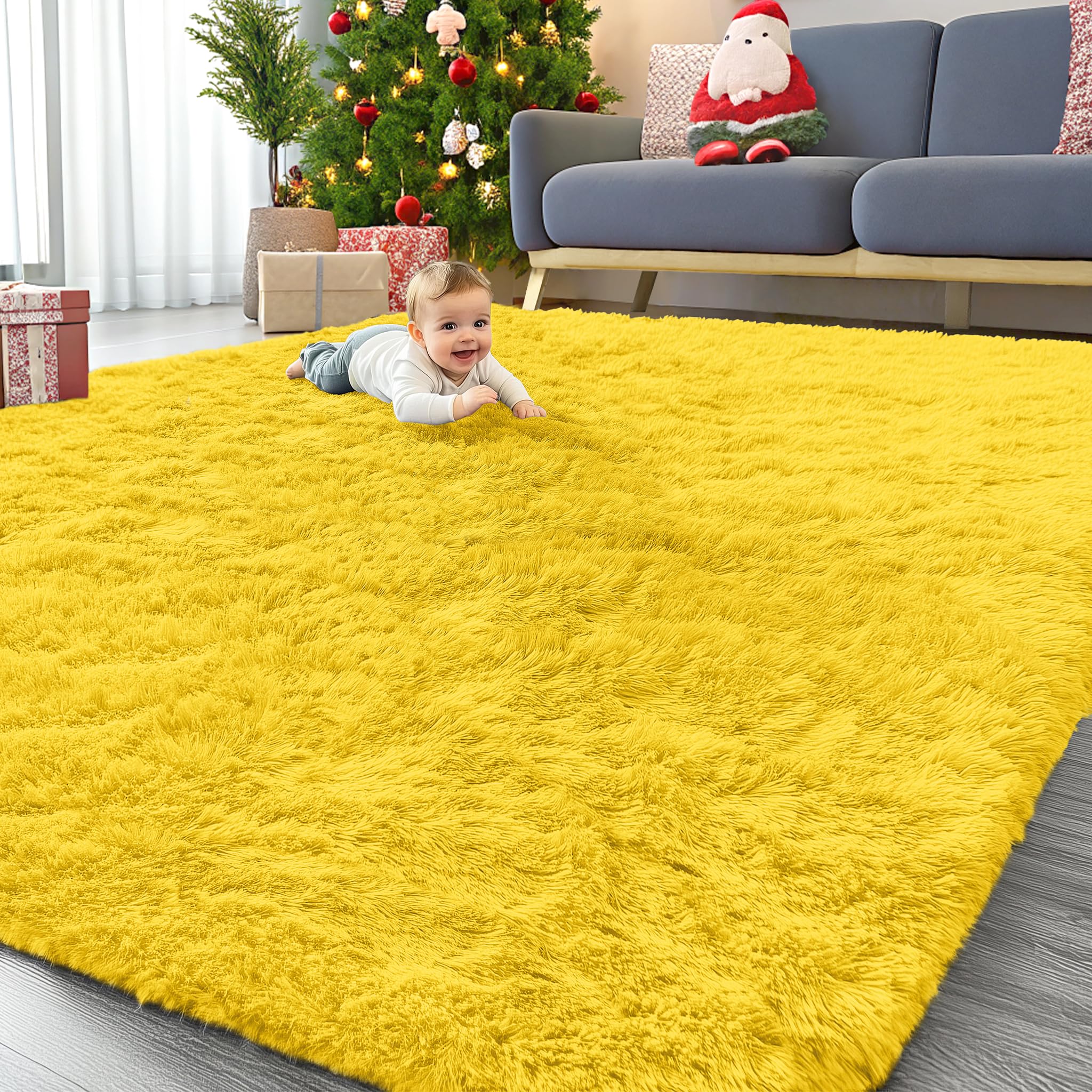OLANLY 9x12 Machine Washable Large Area Rugs for Living Room, Bedroom, Soft Fluffy Shaggy Bedside Rug, Indoor Floor Carpet for Kids Girls and Boys, Dorms, Nursery, Home Decor Aesthetic, Yellow