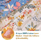 MSGKV Boho Throw Blanket for Couch Chair 100% Cotton Floral Blanket 50"x60" Sofa Blankets Lightweight Farmhouse Muslin Spring Breathable Bed Blankets Home Decor All Seasons