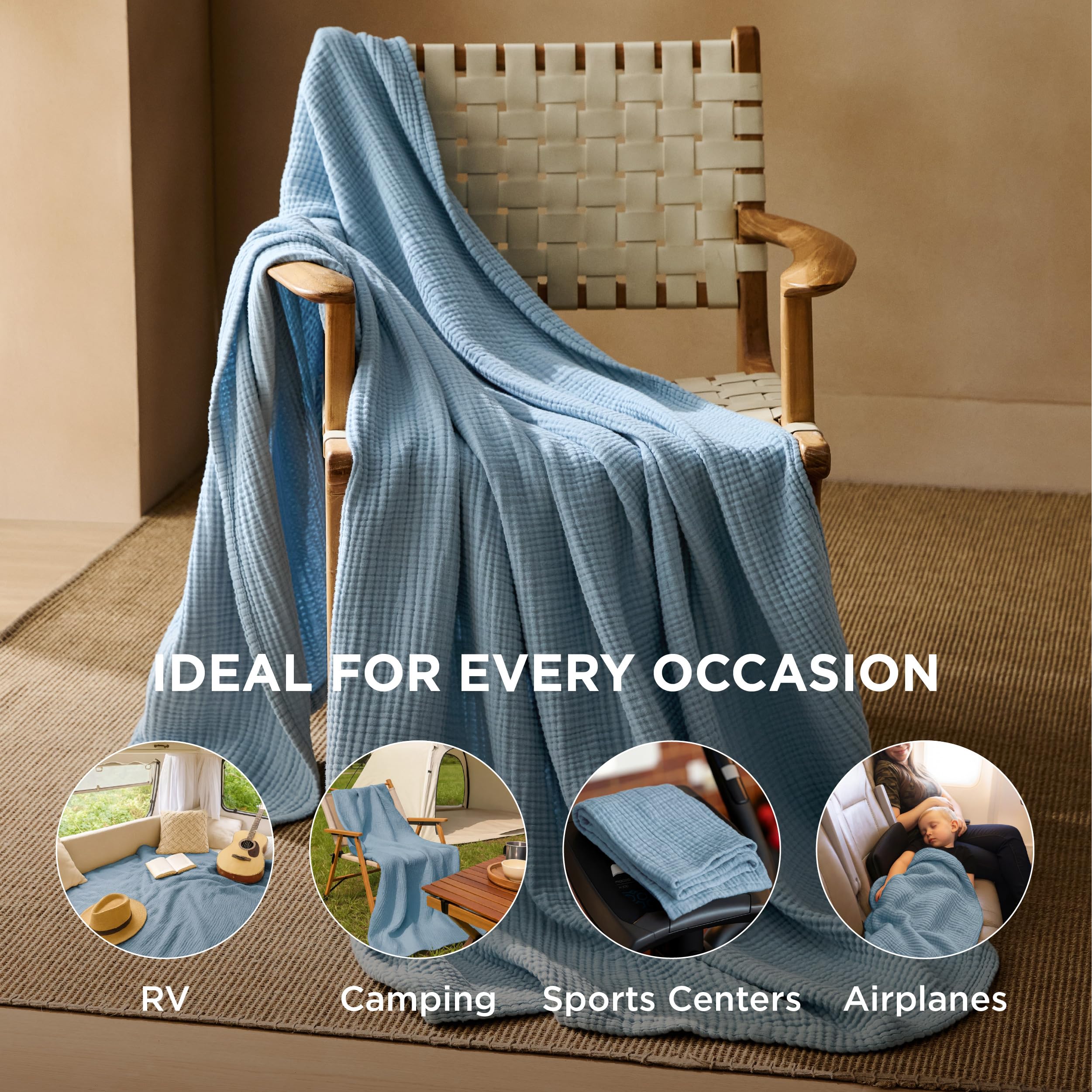 Bedsure 100% Cotton Muslin Throw Blanket Twin XL for Bed - 4-Layer Breathable and Lightweight Soft Gauze Muslin Blankets for Adults, PureWoven Thin Summer Blanket for College Dorm, Blue, 66x90 Inches