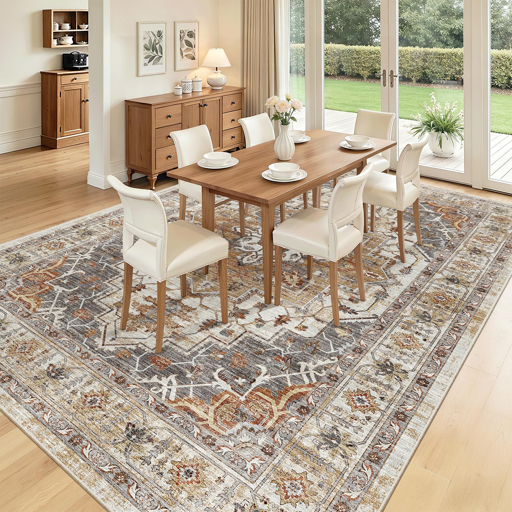 Madane 8x10 Area Rugs for Living Room, Non-Slip Washable Rug, Turmeric/Grey