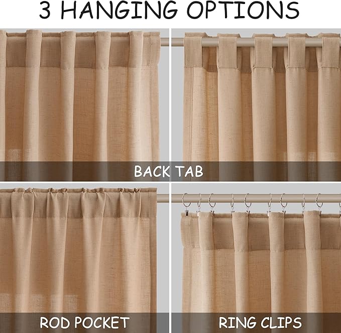 Camel Linen Curtains 96 Inches Long for Living Back Tab Rod Pocket Vintage Rustic Farmhouse Light Filtering Curtain Burlap Textured Linen Drapes 96 Inch Length for Dinning Room Bedroom 52x96