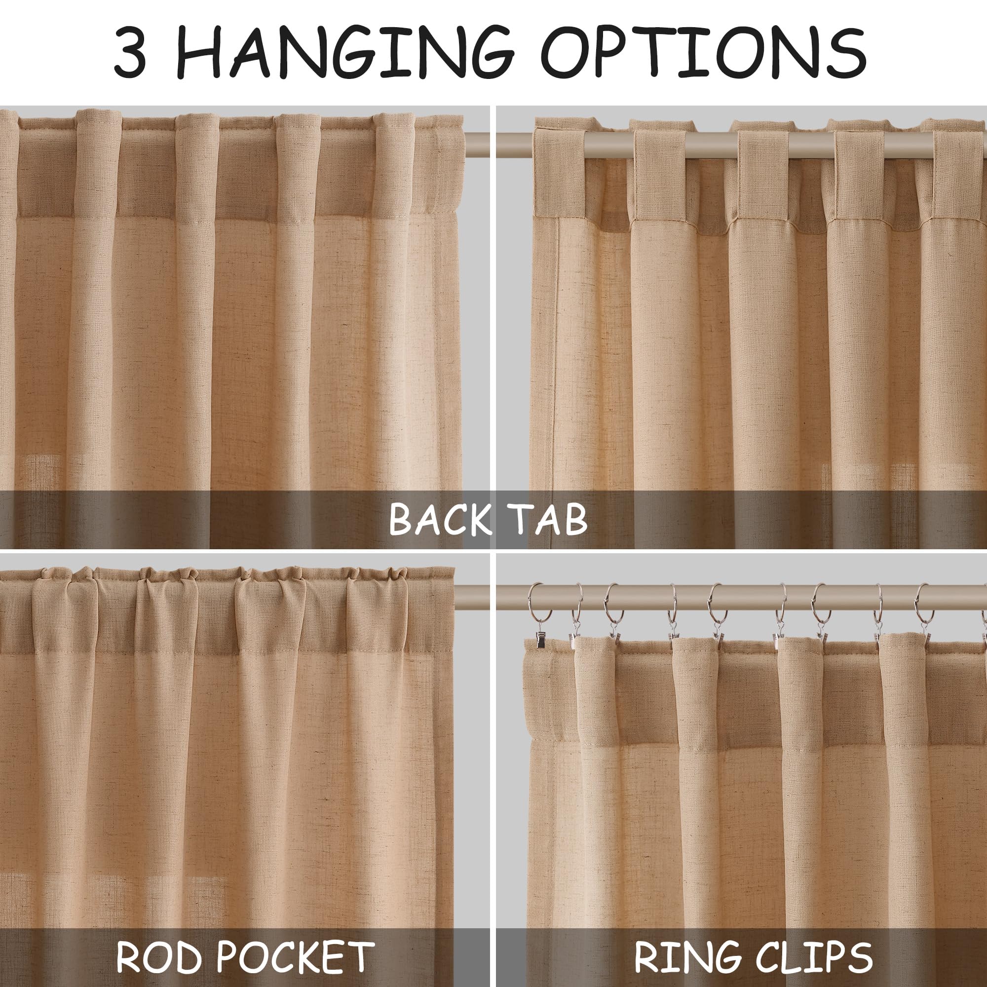 Camel Linen Curtains 90 Inch Length 2 Panels Set for Living Room Rod Pocket Back Tab Window Drapes Light Filtering Elegant Farmhouse Curtain 90 Inches Long for Dining Room Bedroom Nursery 52x90