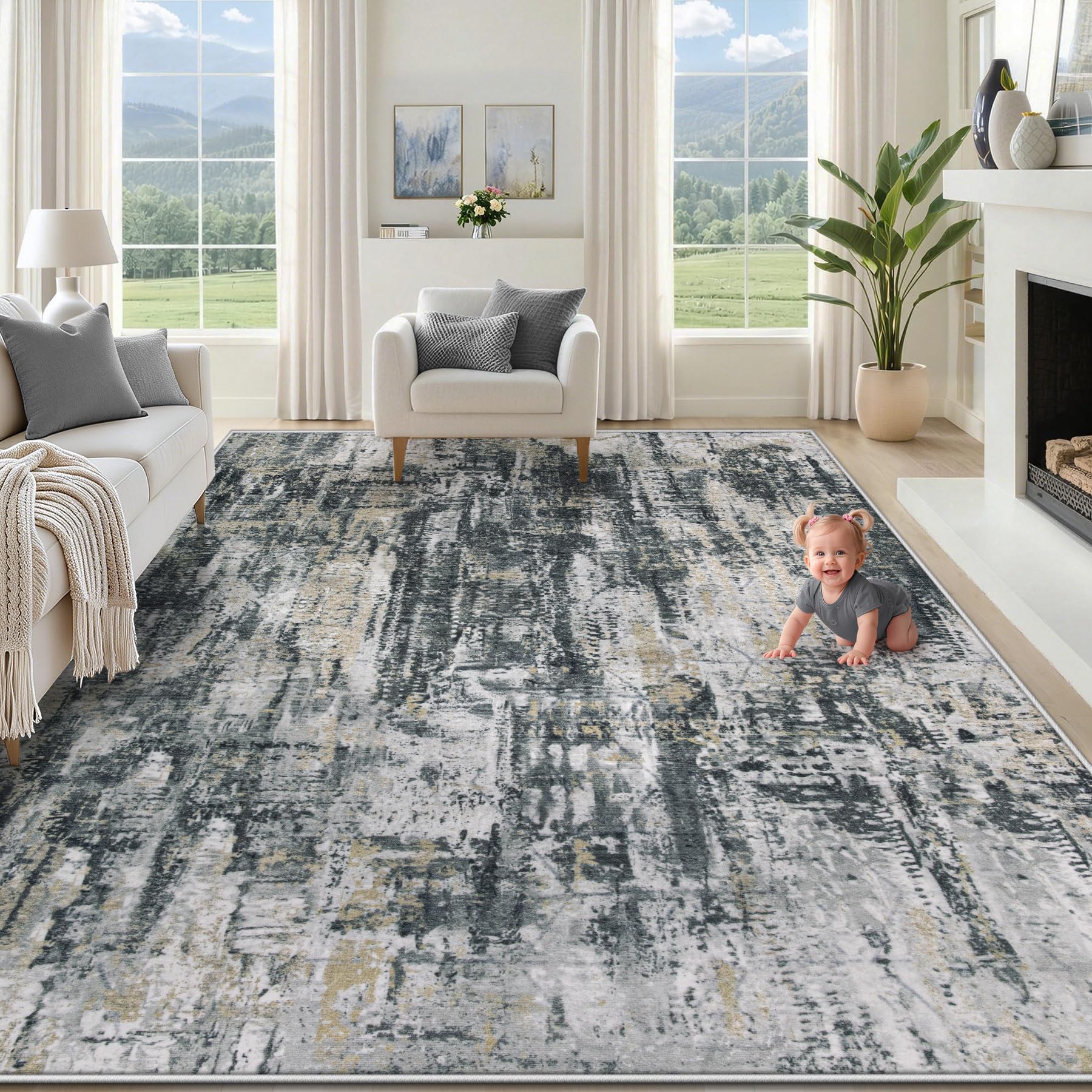 XLUEZ 8x10 Area Rugs for Living Room, Washable Modern Abstract Large Area Rug Neutral Soft Non Slip Kids Rug Stain Resistant Indoor Carpet for Bedroom Nursery Dining Room Office(BlackGreyGold, 8'x10')