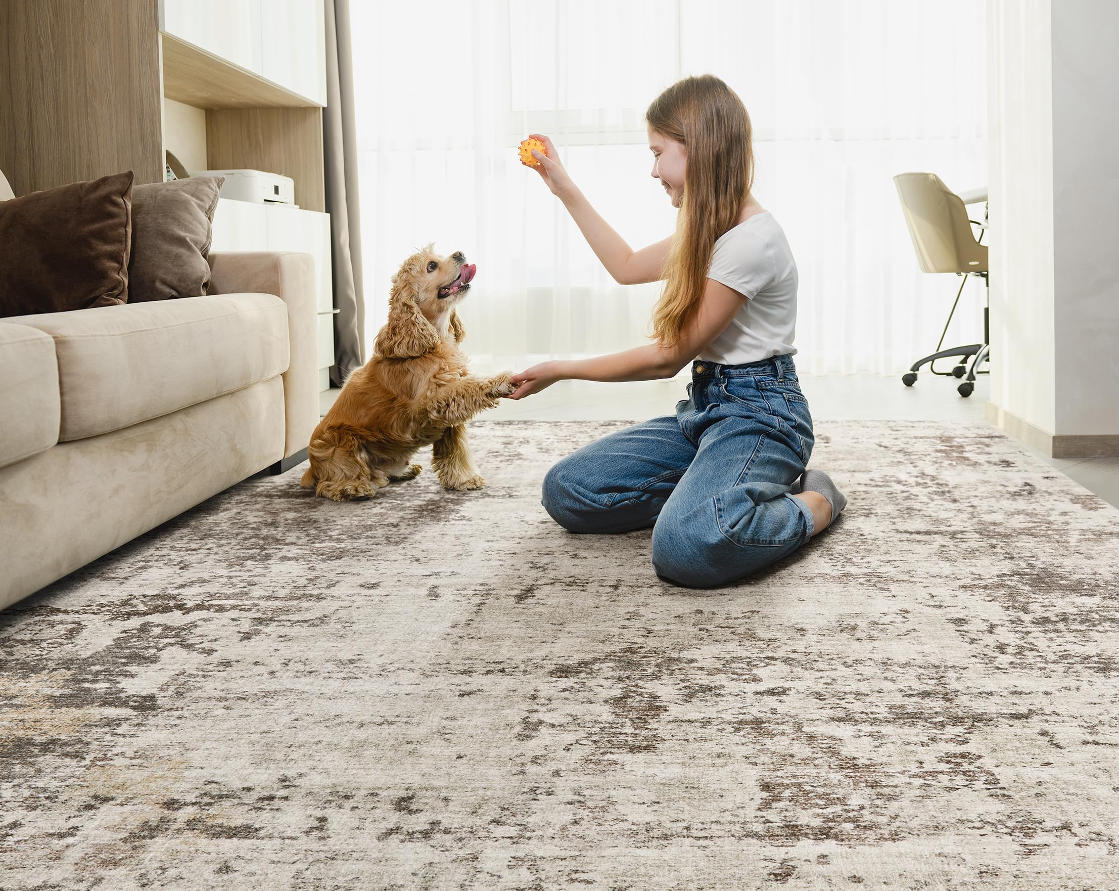 UERMEI 8x10 Washable Area Rug - Neutral Modern Abstract Living Room Rugs, Non-Slip Soft Large Indoor Floor Carpet for Bedroom Home Office & Under Dining Table Decor, Dark Brown