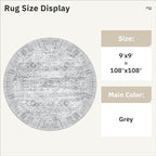 Soalmost 9x9 Grey Round Rug 9ft Living Room Circle Rug Vintage Round Area Rug Non Slip Indoor Carpet for Apartment
