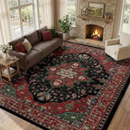 RELEANY Area Rugs 9'x12' Washable Non-Slip, Floral Vintage Distress Print Pattern Medallion Carpet for Living Room Bedroom Dining Room, Red Black