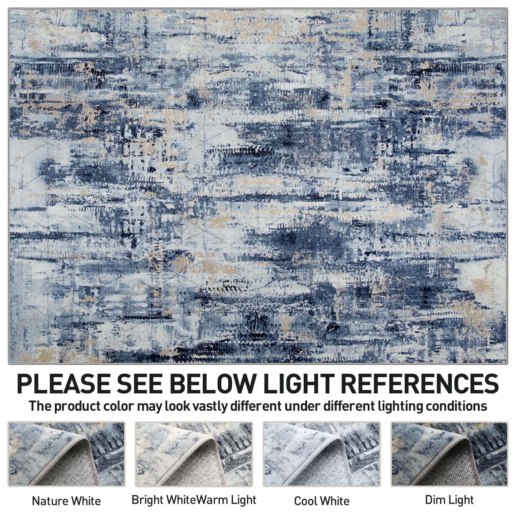 9x12 Area Rugs for Living Room: Washable Abstract Blue Gold Badroom Carpet