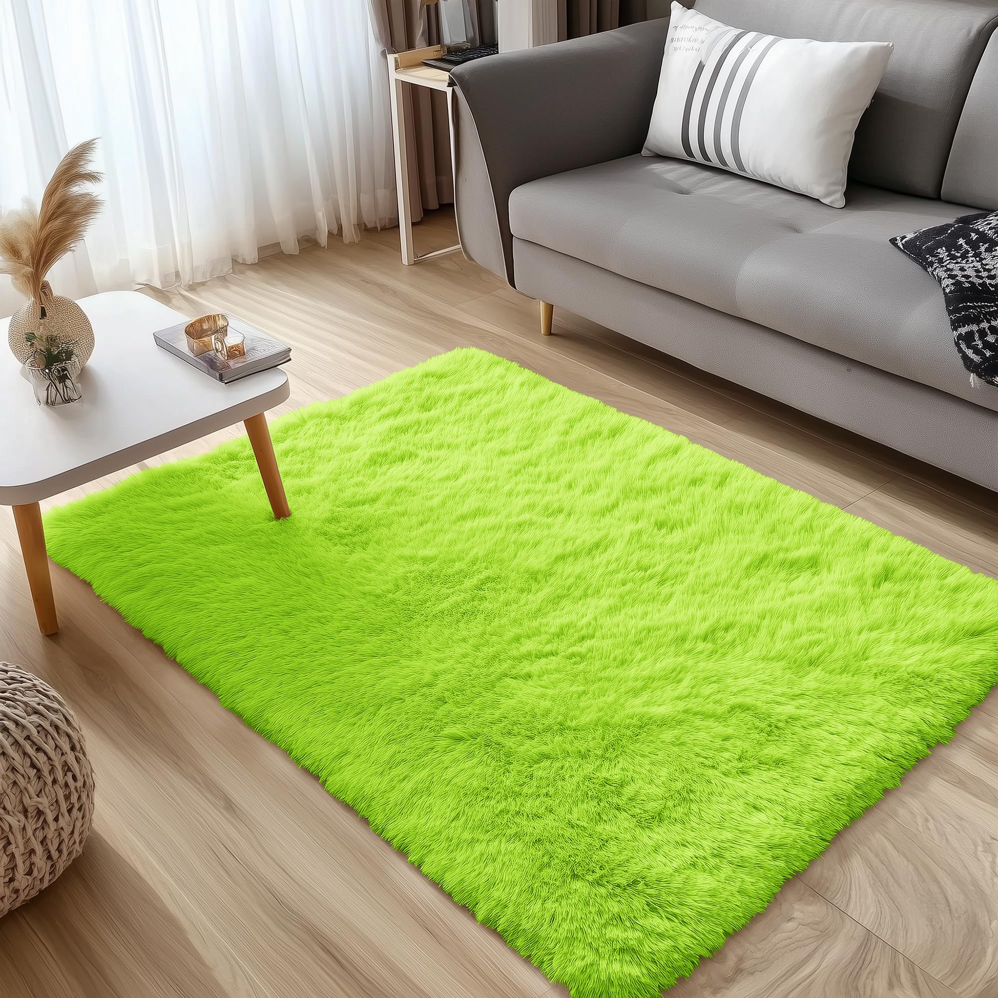 OLANLY 3x5 Machine Washable Small Bedside Rug, Soft Fluffy Shaggy Rugs for Living Room, Bedroom, Indoor Floor Carpet for Kids Girls and Boys, Preppy Dorms, Nursery, Home Decor Aesthetic, Lime Green