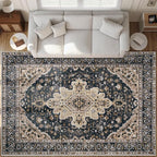 Area Rugs 9x12 Vintage Rug: Large Washable Living Room Rug Retro Medallion Distressed Soft Low Pile Non-Slip Indoor Floor Carpet for Bedroom Dining Table Office (BeigeBlack,9'x12')