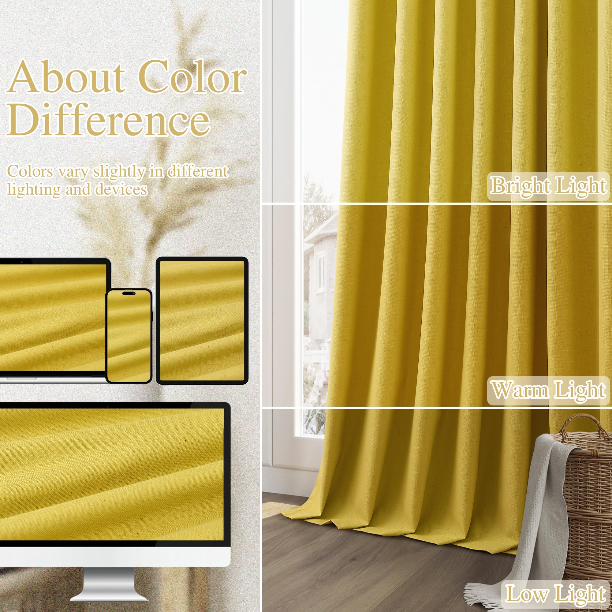 Guken 100% Blackout Curtains 84 Inch Length 2 Panels Set for Living Room Bedroom Back Tab Thermal Insulated Black Out Linen Drapes Room Darkening Celery Yellow,52x84