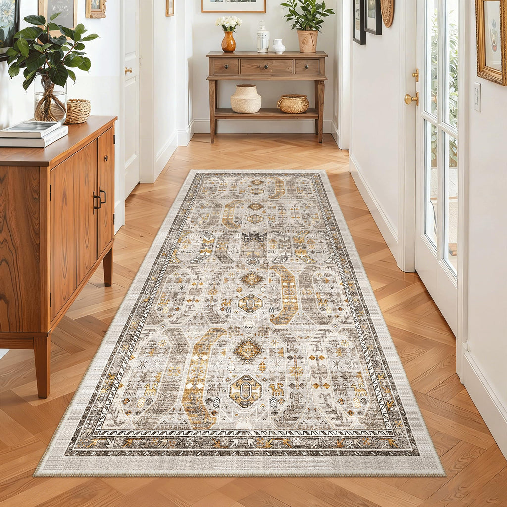 Madane Washable Runner Rug 3x6 Runners for Hallways Non Slip, Brown/Gold