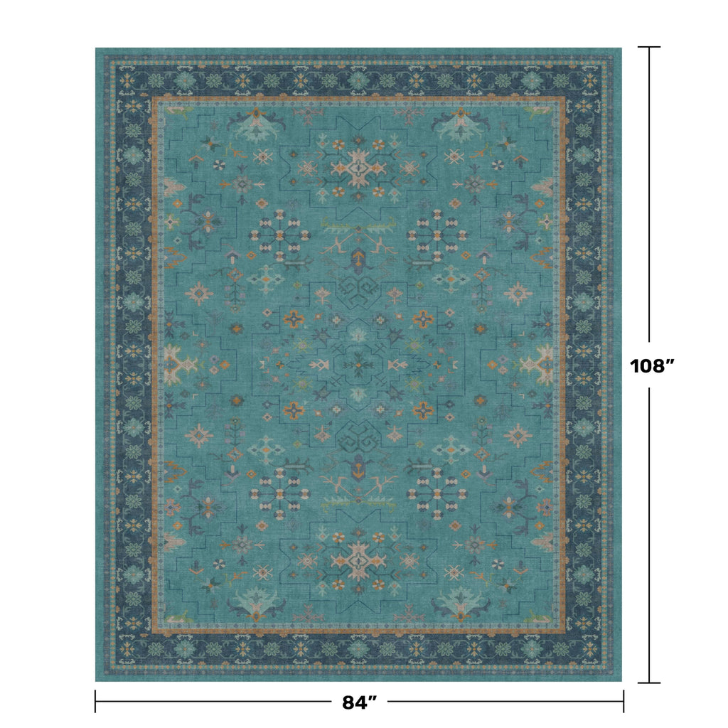 Boho Teal 7x9 Soft Rugs for Living Room, Washable Turquoise Rug for Bedroom Under Bed, Vintage Non Slip Floral Dining Room Carpet, Low Pile Soft Fade Resistant