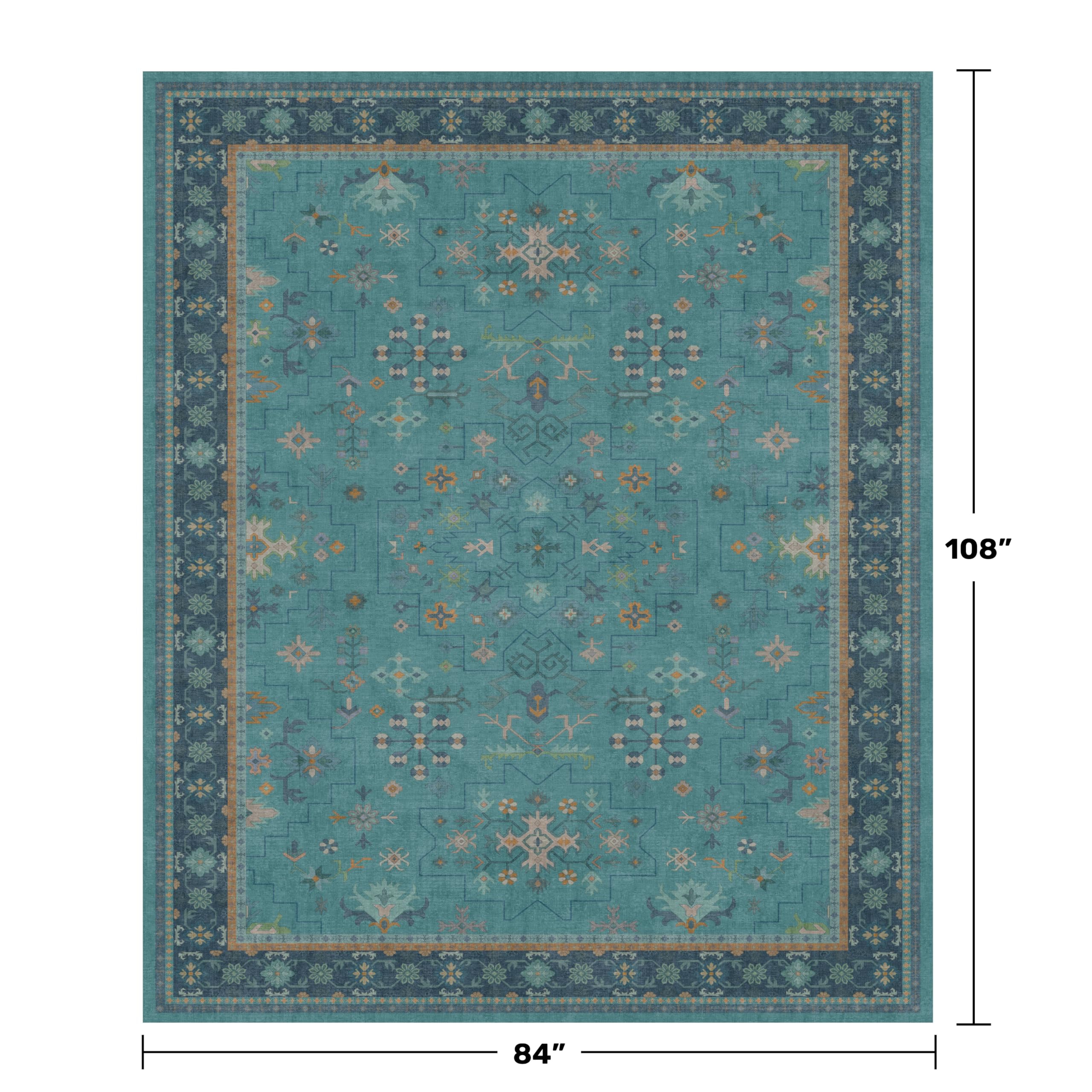 Boho Teal 7x9 Soft Rugs for Living Room, Washable Turquoise Rug for Bedroom Under Bed, Vintage Non Slip Floral Dining Room Carpet, Low Pile Soft Fade Resistant