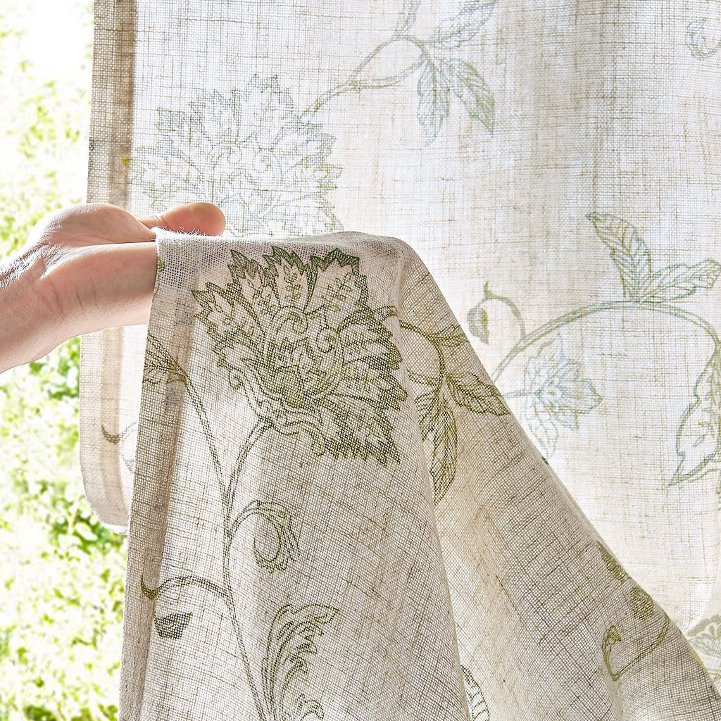jinchan Linen Curtains Floral Curtain 84 Inch Length for Living Room Bedroom Light Filtering Rod Pocket Back Tab Jacobean Curtains Flax Linen Texture Window Drapes Set 2 Panels Green on Linen