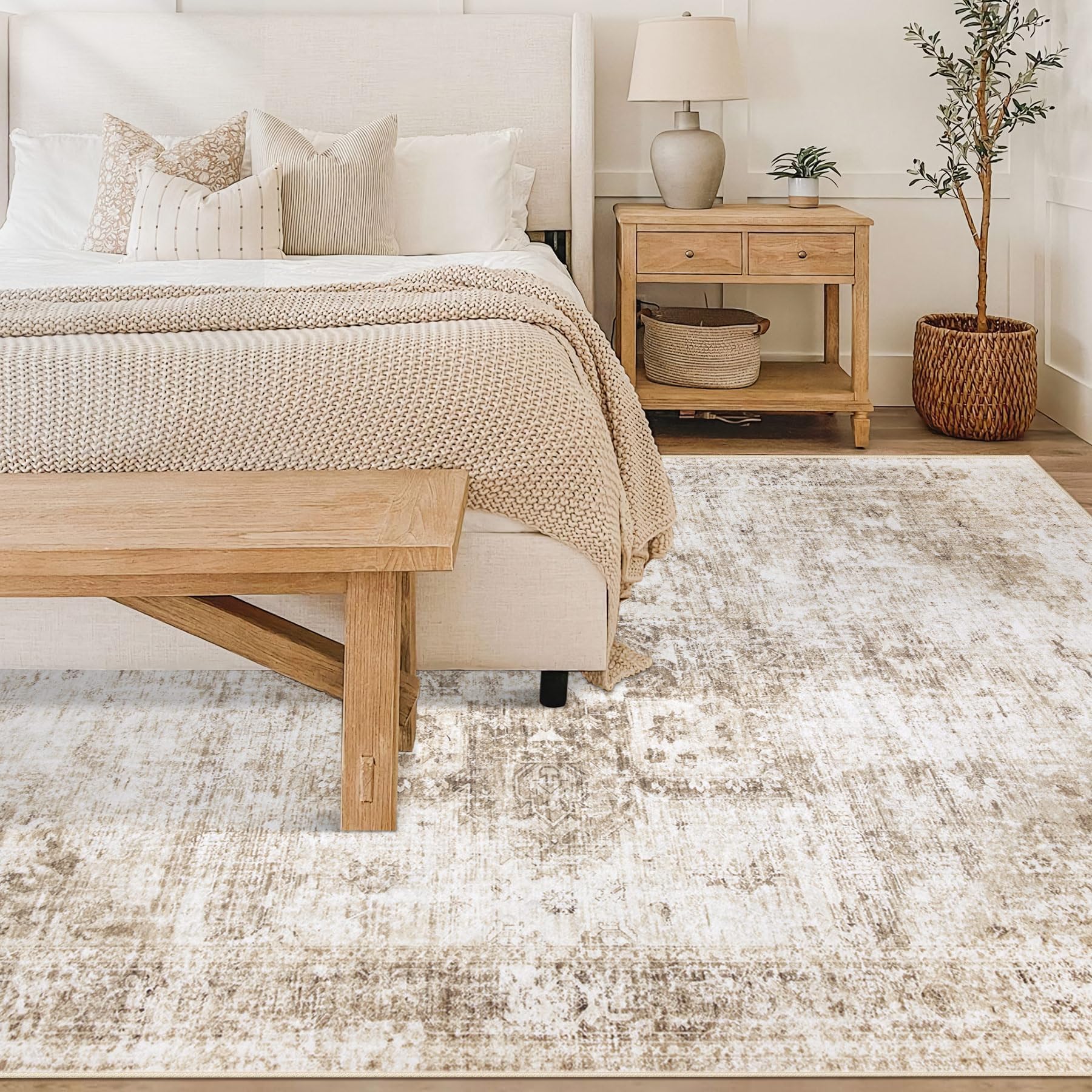 VECARF Area Rug 6x9 Washable Rug, Vintage Boho Medallion Rugs Non-Slip Soft Low Pile Large Distressed Rug Indoor Retro Carpet for Living Room Bedroom Dining Room Home Office (Brown, 6'x9')