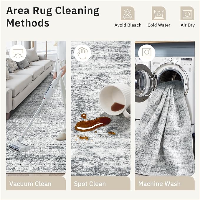 Washable Area Rug 8x12, Large Soft Rugs for Living Room Vintage Grey Carpet 8x12 Area Rugs for Bedroom Dining Room Non-Slip Stain Resistant Under Table Rug