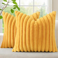 decorUhome Summer Cozy Faux Fur Throw Pillow Covers 24x24 Set of 2 Decorative Plush Striped Modern Farmhouse Boho Couch Euro Sham Pillow Cases with Velvet Back for Sofa Bed Living Room, Mustard Yellow