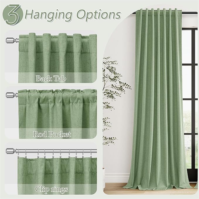 Guken Light Sage 100% Blackout Linen Curtains 90 Inch Length 2 Panels Set for Living Room Bedroom Back Tab/Rod Pocket Thermal Insulated Black Out Drapes Room Darkening Window Curtains,52x90