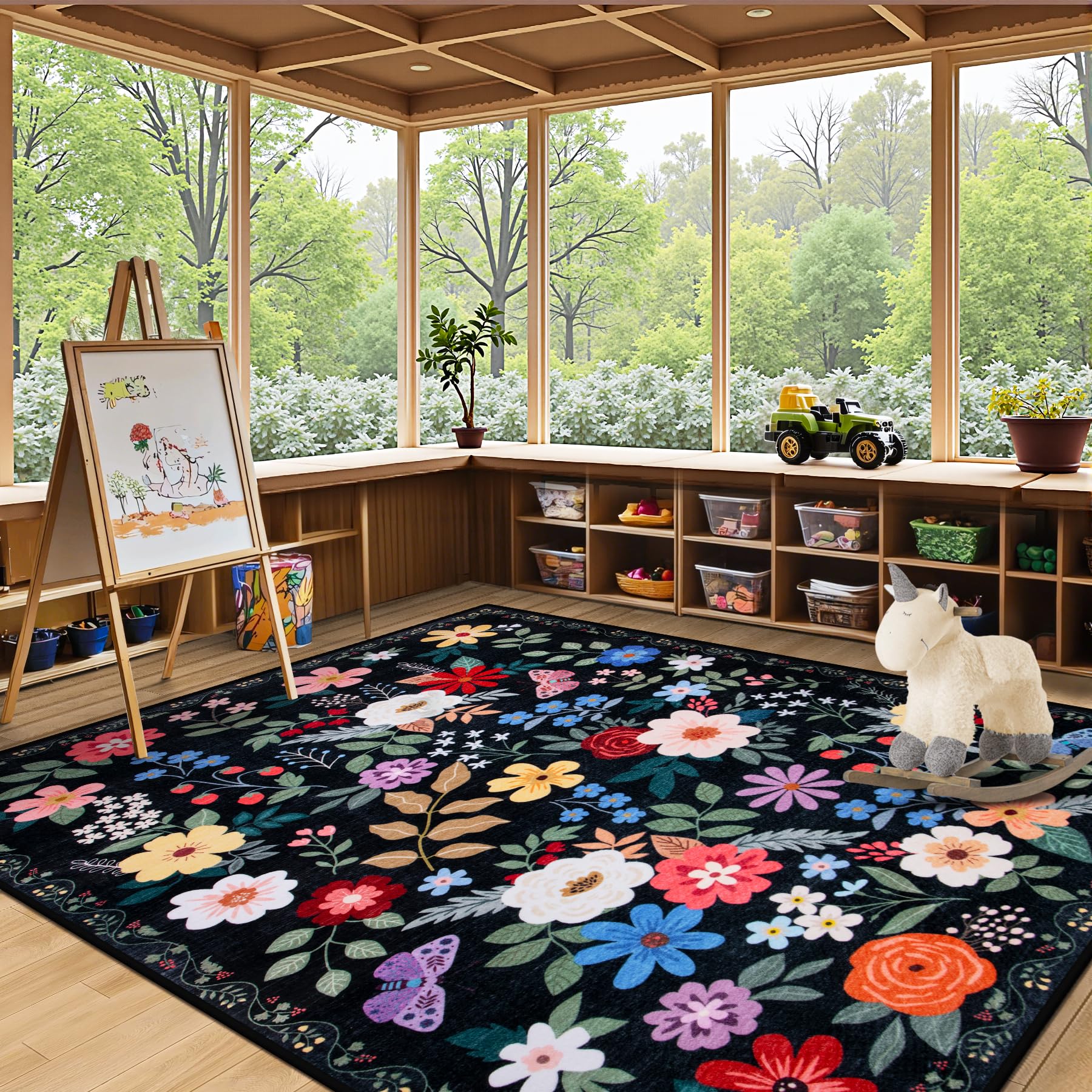 PLHXFR Area Rug Living Room: 4x6 Floral Washable Boho Soft Carpet Black