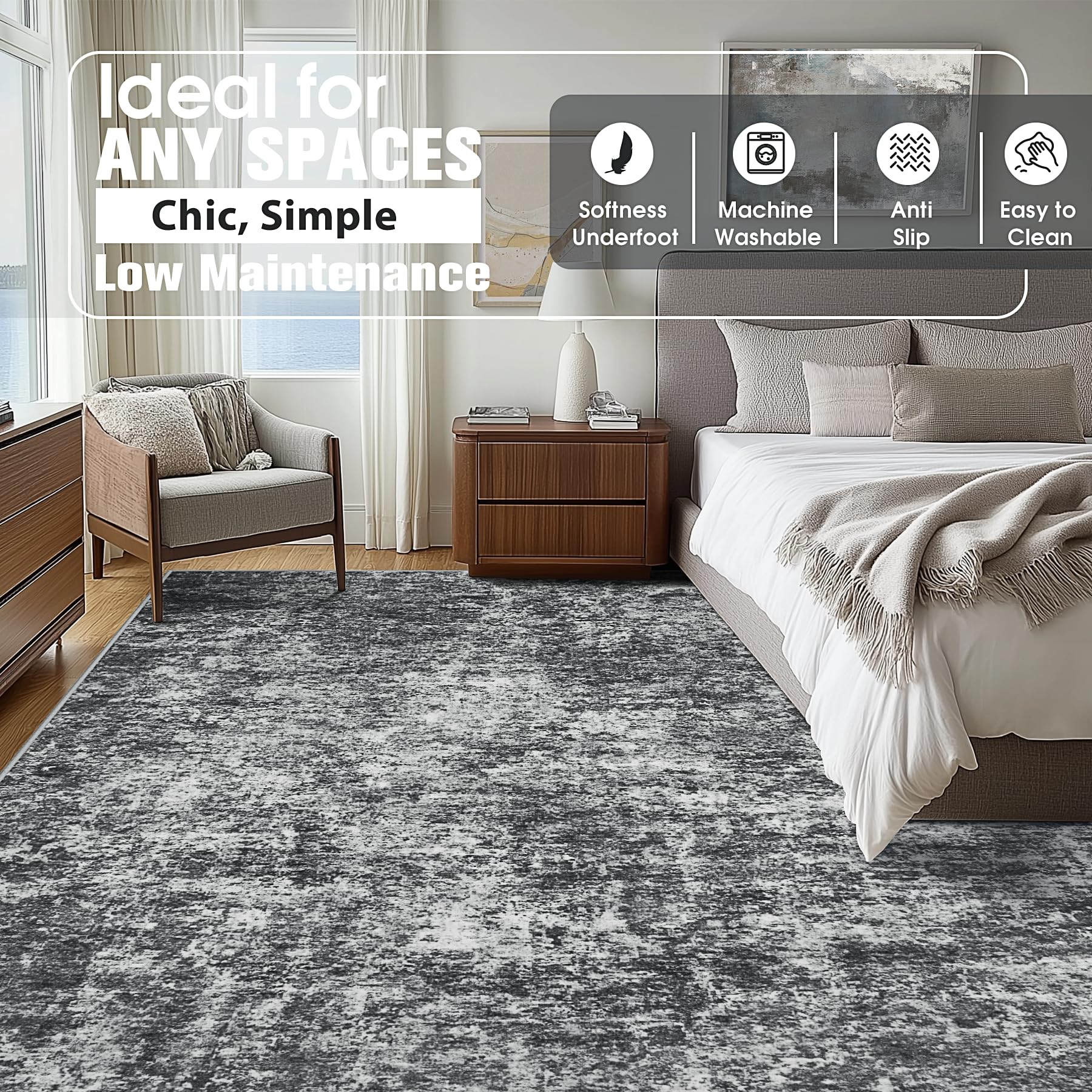 9x12 Area Rugs for Living Room Washable Bedroom Dining Room Black Grey