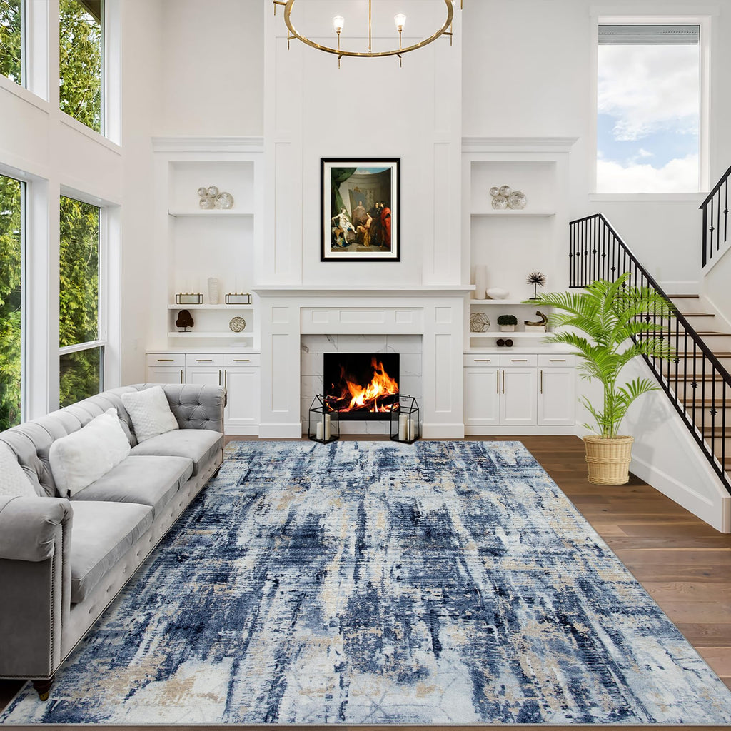 9x12 Area Rugs for Living Room: Washable Abstract Blue Gold Badroom Carpet
