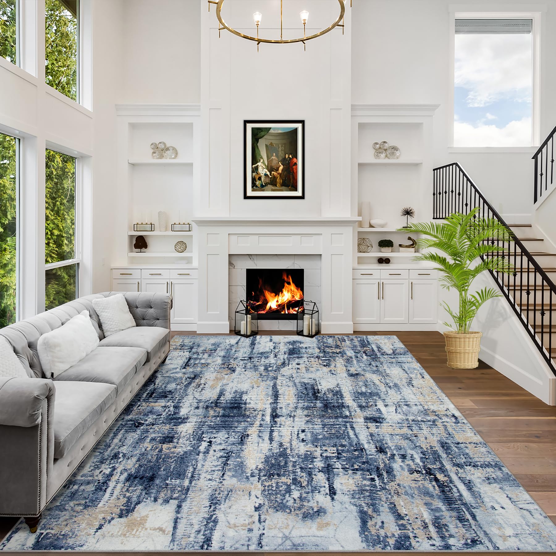 9x12 Area Rugs for Living Room: Washable Abstract Blue Gold Badroom Carpet