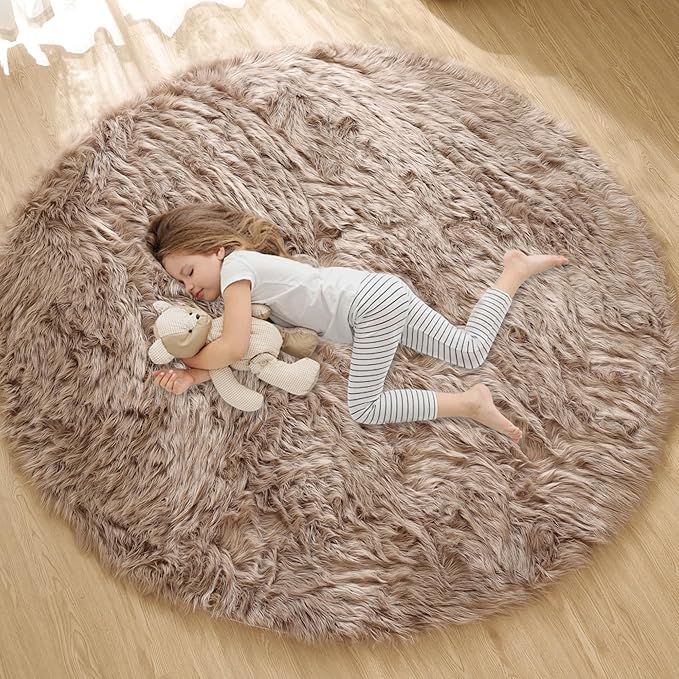 ORINOVA Beige Round Cozy 4ft Shag Rug Washable Furry Soft Area Rug for Living Room Bedroom Cute Nursery Decor Circle Carpet Faux Fur Fluffy Home Décor