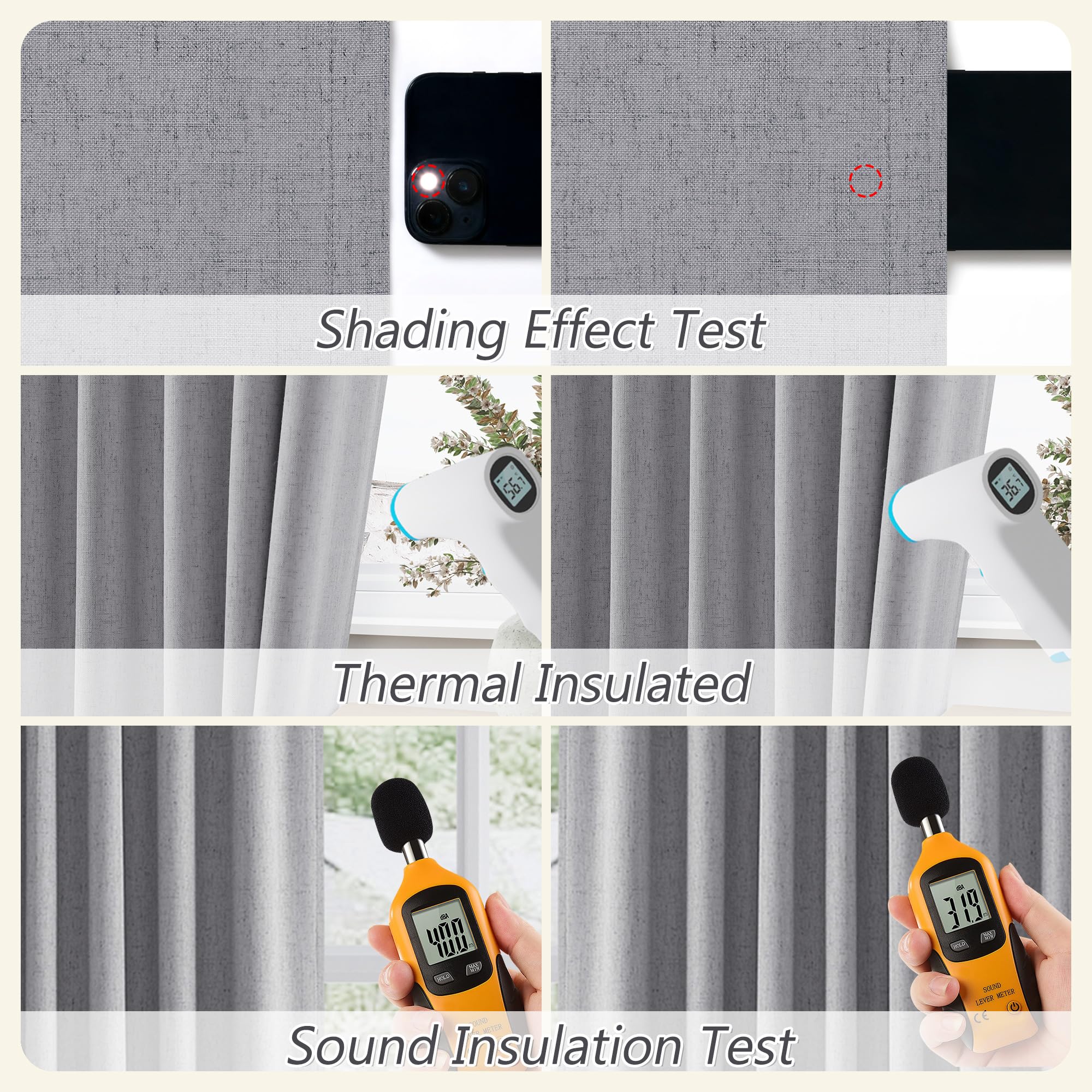 Guken Grey 100% Blackout Curtains 63 Inch Length 2 Panels Set for Living Room Bedroom Back Tab Thermal Insulated Black Out Linen Drapes Room Darkening Window Curtains 63 Inches Long