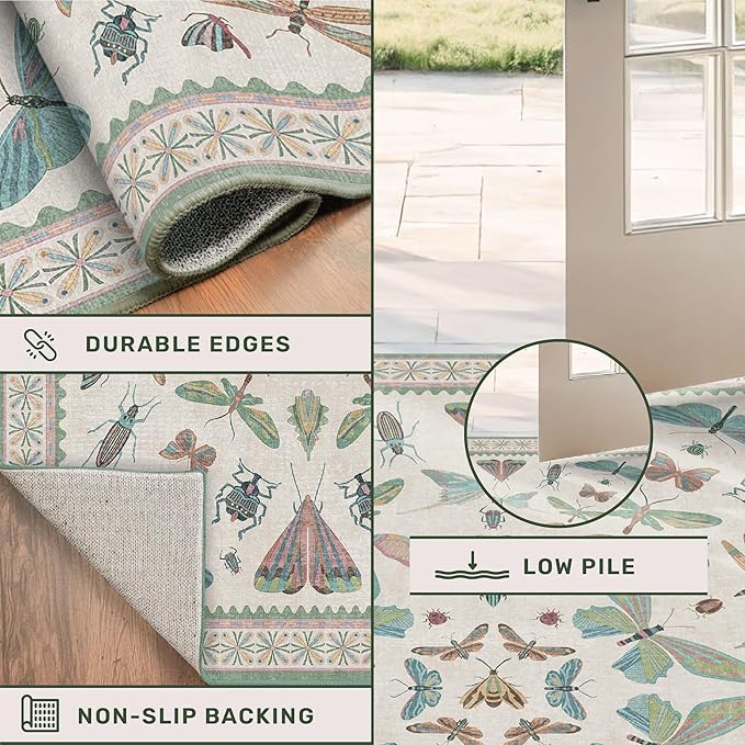 Green Butterfly Rugs for Girls Bedroom - 8x10 Floral Area Rug for Living Room, Dining Room Under Kitchen Table, Washable Lightweight Insect Print Large Carpet Indoor