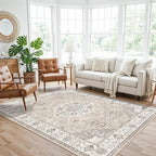 Washable 5x8 Living Room Area Rug: Vintage Water-Resistant Soft Rug for Bedroom Dining Room Non Slip Apartment Low Pile Carpet Thin Floor Mat for Dorm Home Office Printed Beside Rug(5x8，Beige)