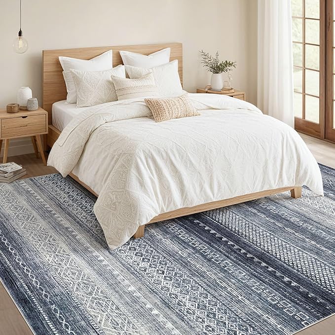 Nakagishi Area Rug 6x9 Living Room: Washable Boho Large Neutral Soft Modern Rugs Stain Resistant Moroccan Indoor Non-Slip Accent Carpet for Bedroom Nursery Kids Playroom Office Dining Room Dorm- Blue