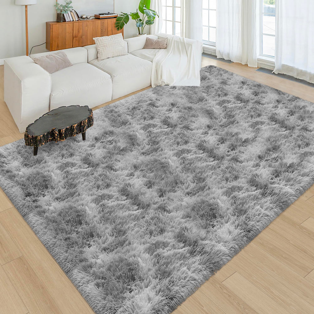 JiaoBaba Tie Dye Grey Soft Shaggy Fluffy Rug for Living Room 6x9ft Anti-Skid Durable Area Rug Mat Bedside Throw Rug for Bedroom Kids Room Boys Teens Nursery Dorm Office Home Decor Carpets