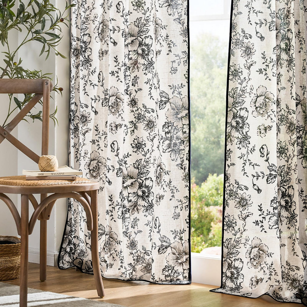 jinchan Vintage Floral Linen Curtains 84 Long for Living Room 2 Panels