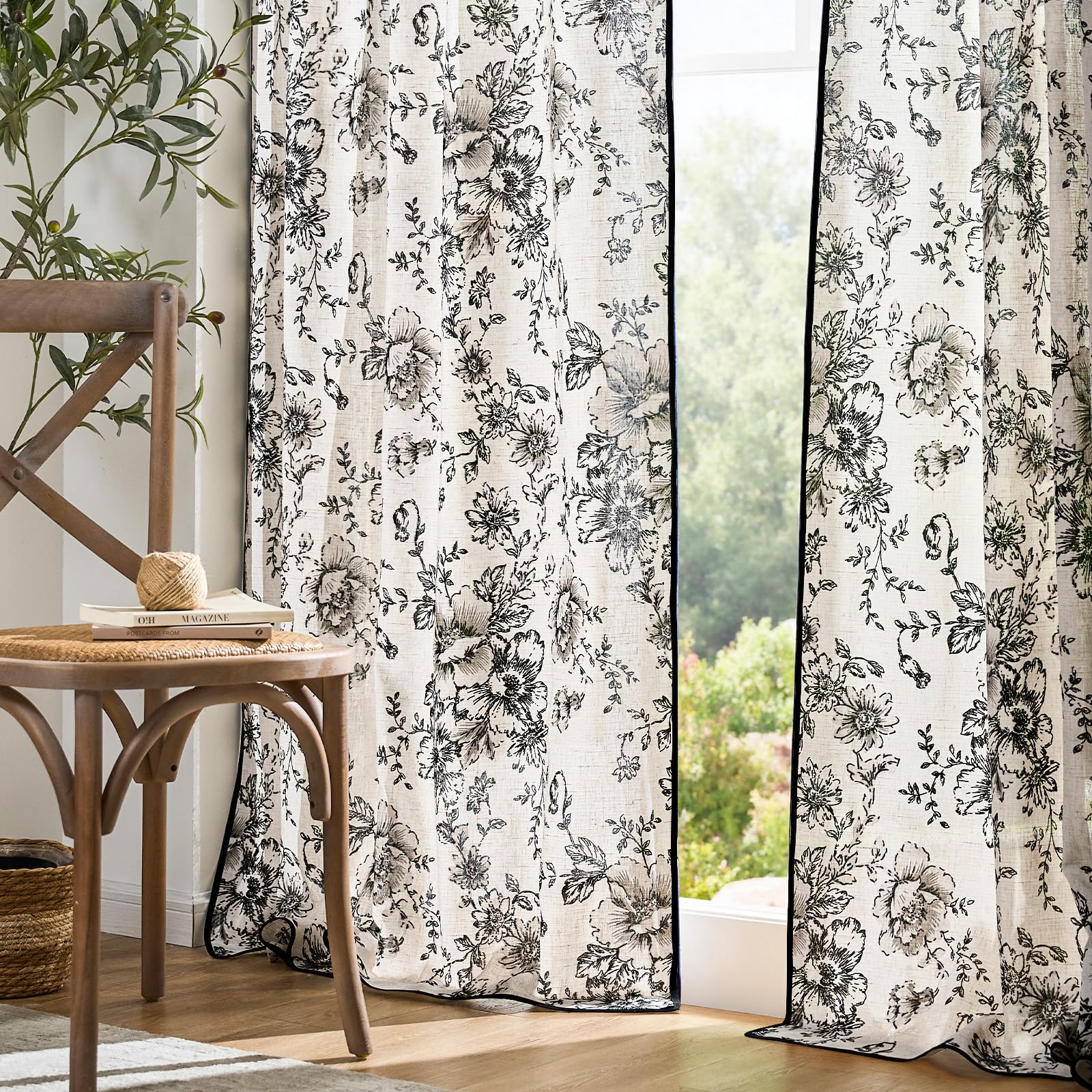 jinchan Vintage Floral Linen Curtains 84 Long for Living Room 2 Panels