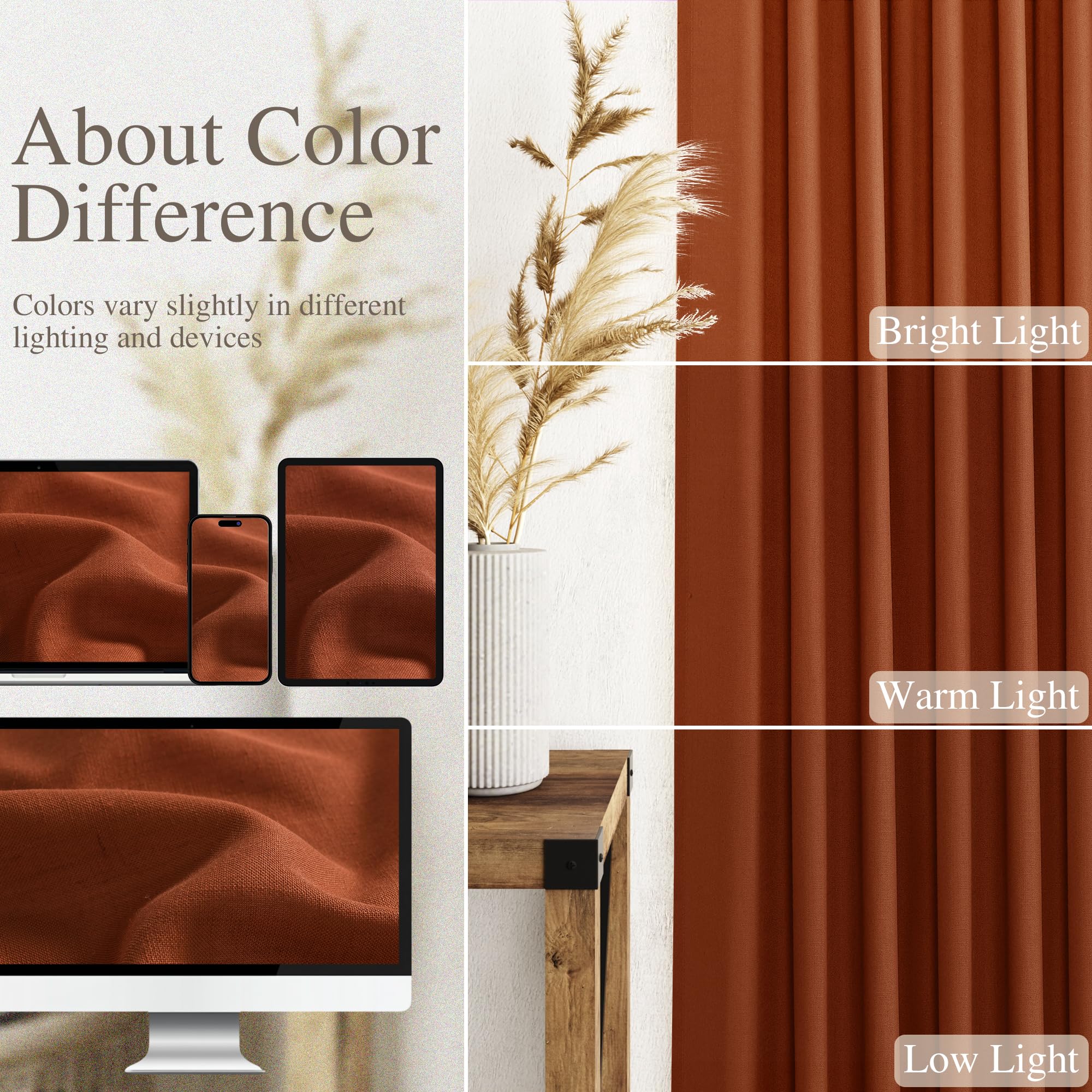 Rust Linen Curtains 95 inches Long 2 Panel Back Tab Rod Pocket Rustic Farmhouse Boho Linen Curtain for Dining Room Brick Burnt Bohemian Fall Decor Terracotta Semi Sheer Curtains 95 inch Length
