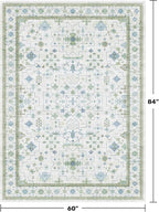 Hazo Haus Oushak Area Rug for Bedroom 5x7 - Blue and Green Vintage Boho Floral Geometric, Washable Low Pile Non Slip Area Rugs for Nursery Room, Foyer, Cozy Aesthetic Room Decor