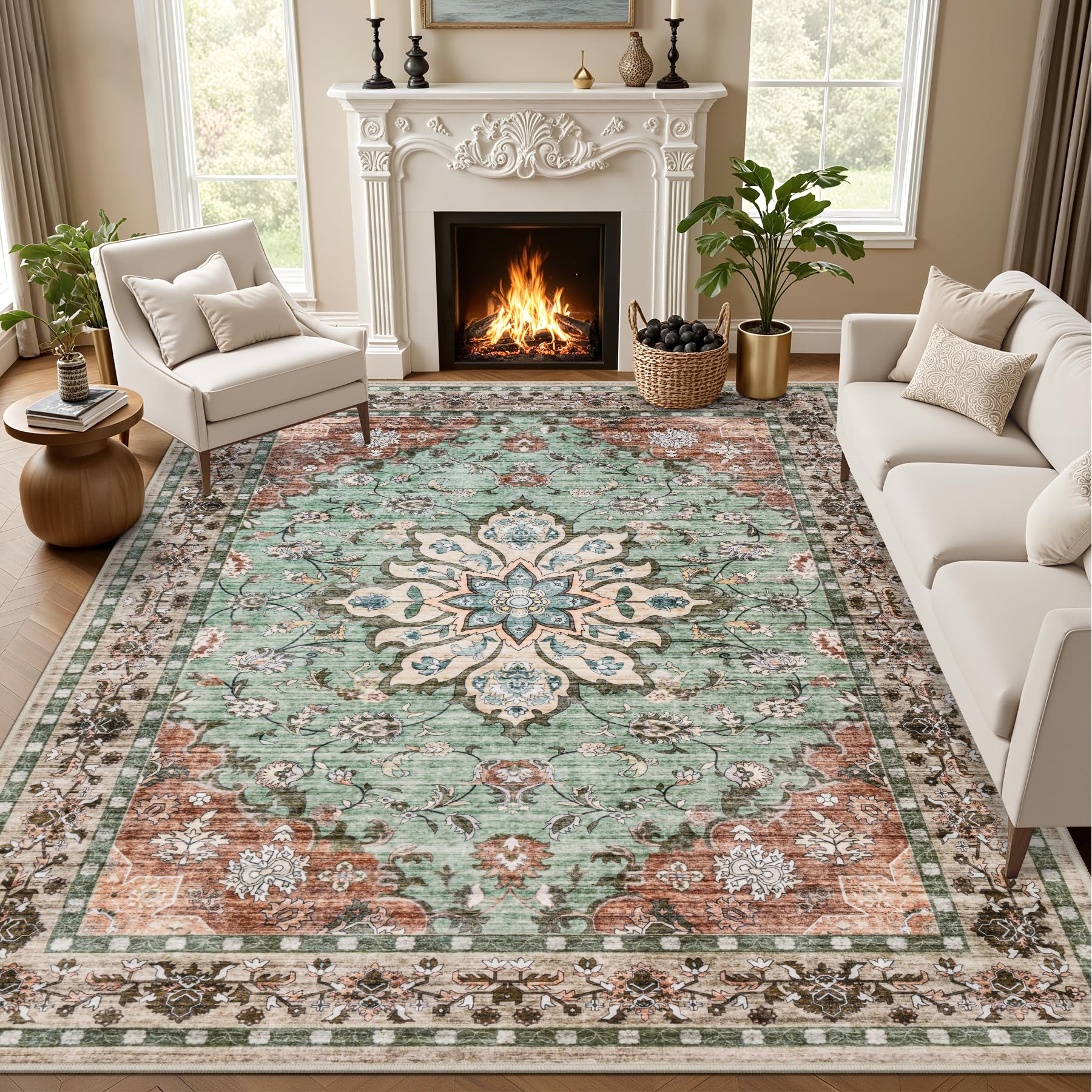 ExpediX 10x14 Area Rugs Living Room: Washable Rug for Bedroom Brown Green