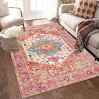 Yamaziot Washable Area Rug, 4x6 Non-Slip Boho Vintage Living Room Bedroom Rug with Rubber Backing, Low Pile Faux Wool Soft Distressed Rug Floor Carpet for Living Room, Laundry, Kids Playroom (Pink)