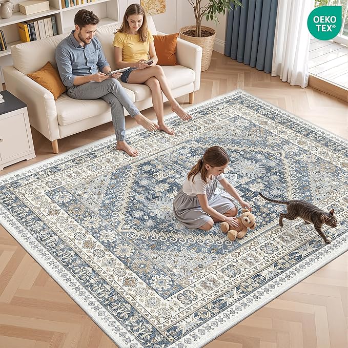3x5 Washable Area Rug for Entryway, Kitchen Rugs Non Slip for Dining Room, Vintage Floral Soft Living Room Rug, Thin Area Rug Indoor for Bedroom, Kids Room Decor(Blue/Beige,3'x5')