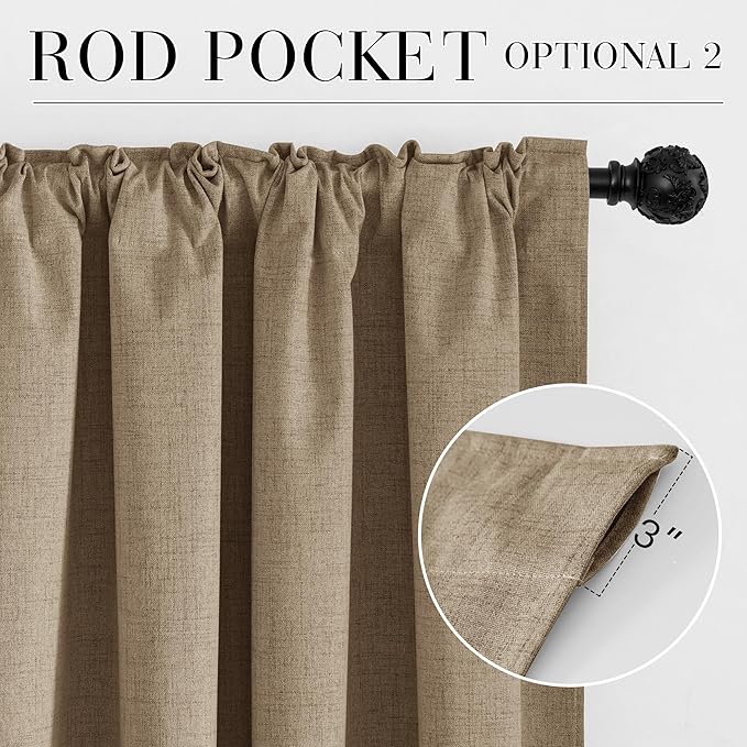RYB HOME Burlap 100% Blackout Linen Curtains 72 inch Long, Thermal Insulated & Privacy Assurd Drapes for Bedroom/Office/Nursery, Rod Pocket & Back Tab Window Treatment, W52 X L72, 2 Panels