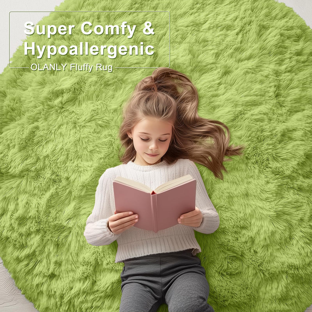 OLANLY Grass Green Round Rugs for Bedroom - Machine Washable, 5 ft Circle Area Rugs for Living Room, Soft and Fluffy Shaggy Carpet for Teen Girls and Boys, Nursery Rooms, Dorms, Home Decor Aesthetic